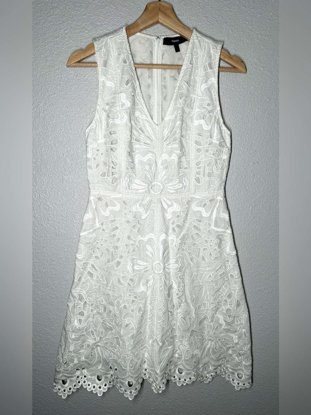 Theory Jemoine Eyelet Floral Cotton-Linen Embroidered White Dress Size 2